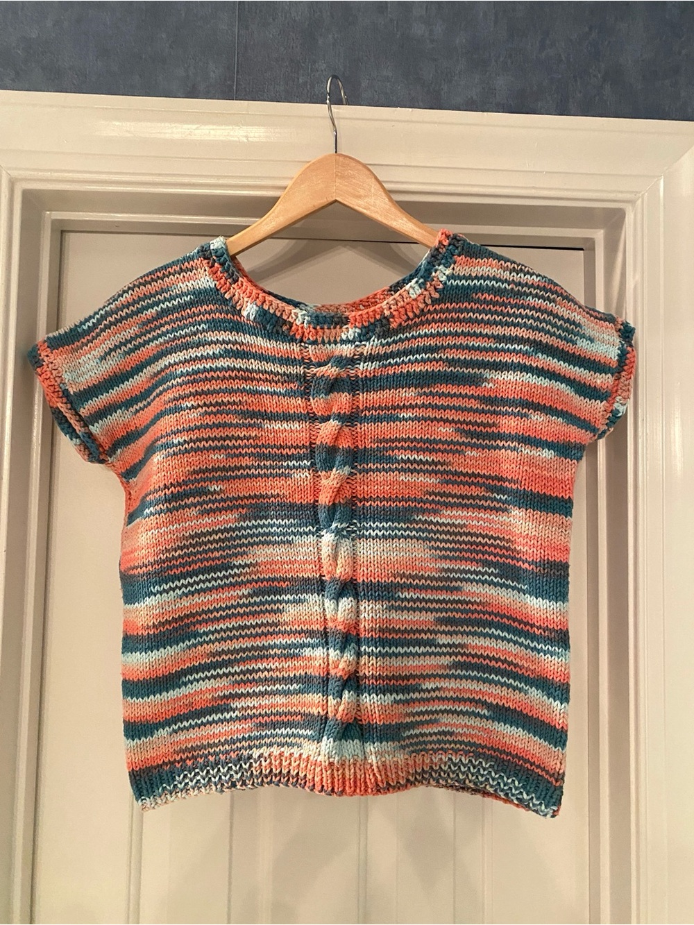 Unique Handmade Striped Knit Short-Sleeve Top in Coral, Teal & Cream